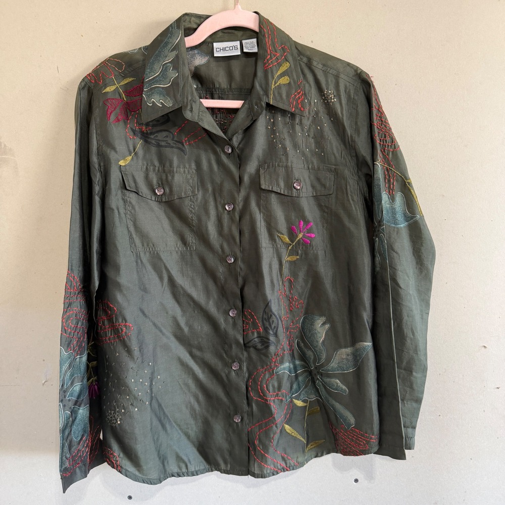 Chicos Silk Embroidered Sequin Button Down Shirt Olive Green Size 1 Medium